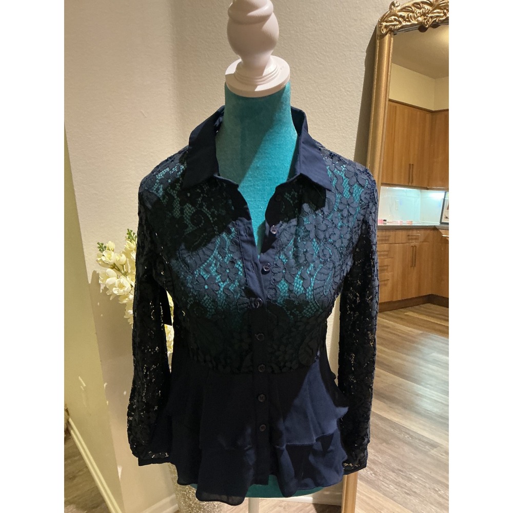 Navy Blue Floral Lace Peplum Blouse Long Sleeve Button Front Tiered Ruffle‎ Top